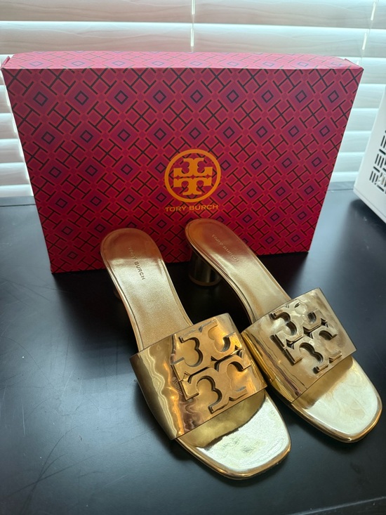 Tory Burch Shoes - Tory Burch Metallic Gold Logo Slide Heels